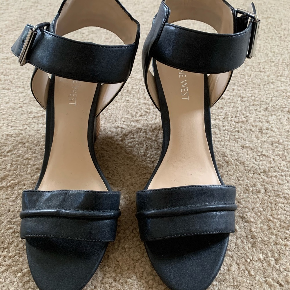 Nine West size 7.5 black wedges heels ankle strap